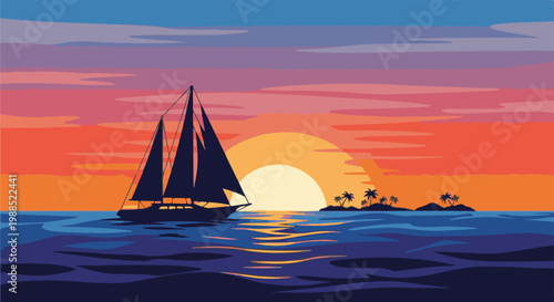Silhouetted sailboat glides on ocean waves at sunset with palm trees
