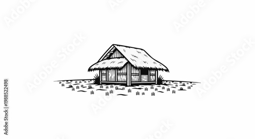 Simple ink drawing of a rustic, thatched-roof hut in a grassy field