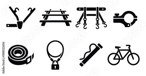 Bicycle car rack mounting hardware and security accessories icons in black silhouette vector style