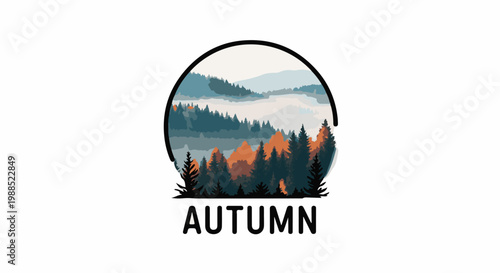 Stylized forest scene in a circle with the word "AUTUMN" below