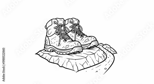 Pair of muddy hiking boots resting on rocks beside a winding path