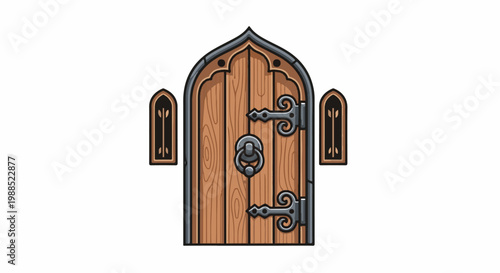 Ornate wooden door with gothic arch and flanking arrow windows