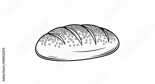 A black and white outline illustration of a loaf of bread with seeds