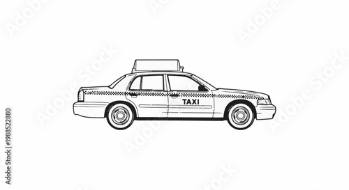 Stylized black and white line drawing of a sedan taxi with checkered trim