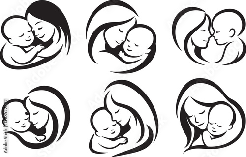 Minimalist black and white line drawing of a mother holding her baby with love and care. Emotional parenting concept illustrating maternal affection and bonding.