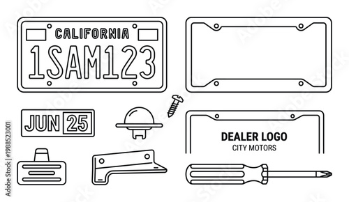 California license plate, license plate frame, screw, screw cap, clip and screwdriver