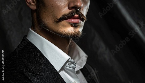 Sophisticated man with meticulously trimmed goatee and mustache in sharp formal attire