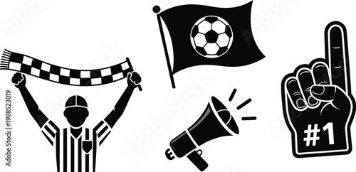 Soccer Fan Accessories Icon Set Vector Illustration, Supporter Scarf, Team Flag, Vuvuzela Horn, and Foam Finger Symbols for Sports Fan, Stadium, and Cheer Design Concepts