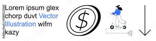 Economic trends, transportation innovation, mobility, financial analysis, modern lifestyle, business growth. Dollar symbol, woman on scooter downward arrow. Economic trends and transportation