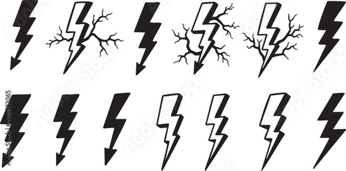 Collection of black lightning bolt illustrations with varying styles and details