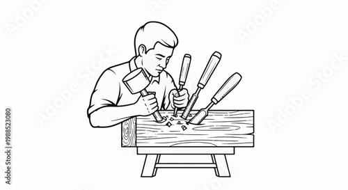 Man carves wood with mallet and chisels on a wooden bench