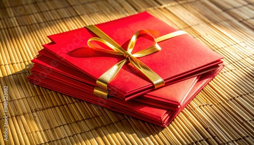 Stack of Vibrant Red Envelopes Tied with a Gold Ribbon on a Bamboo Mat