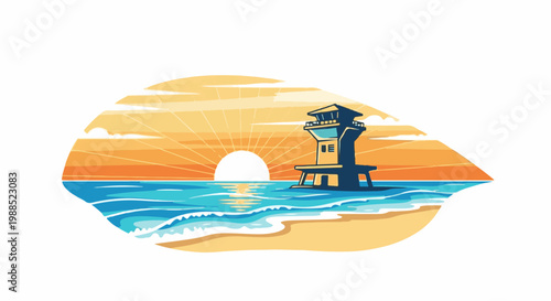 Pixelated sunset over ocean with lifeguard tower and beach