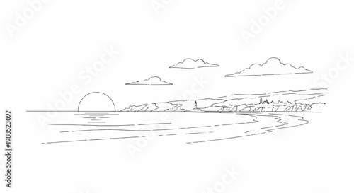 Line art of a serene sunset over a coastline with a lighthouse