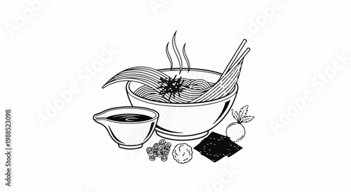 Black and white illustration of a steaming bowl of noodles with various accompaniments