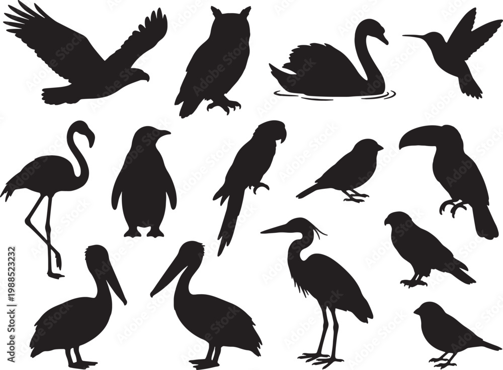 Fototapeta premium Collection of Diverse Bird Silhouettes Isolated on a White Background