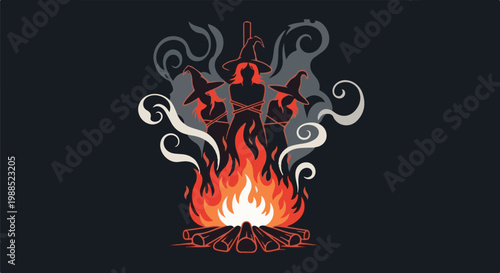 Three women in witch hats tied to a stake over a bonfire, smoke swirls