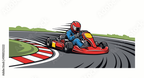Red go-kart racing on a track, driver wearing helmet and suit