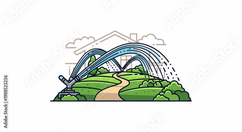 Green landscape with a sprinkler system watering lush rolling hills