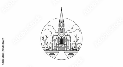 Ornate gothic church with tall spire framed by trees and benches