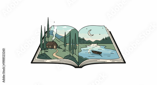 Open book reveals tranquil forest cabin and moonlit lake with a boat