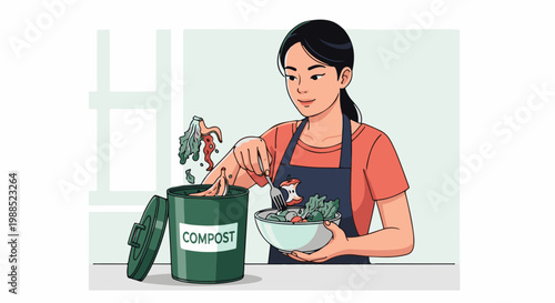 Person using fork to add organic scraps to a compost bin
