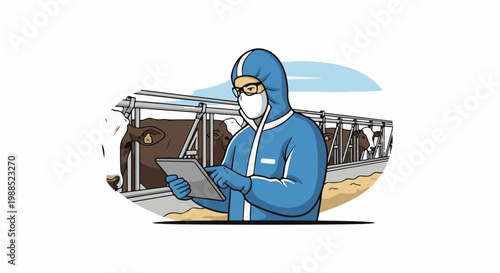 Person in protective suit examines cows in stalls using a tablet