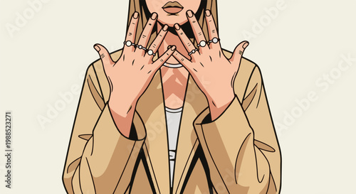 Close up of stylized woman's hands adorned with pearl rings and wearing a trench coat