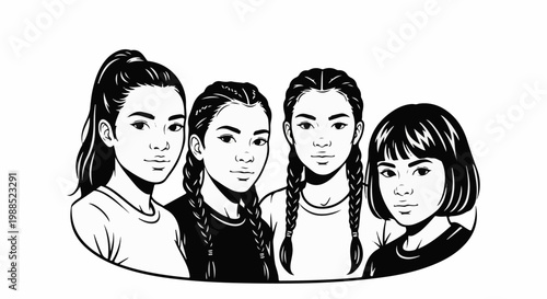 Four young girls with different hairstyles are depicted in a black and white illustration