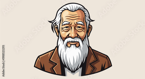 Stylized portrait of a wise old man with a long white beard and kind eyes