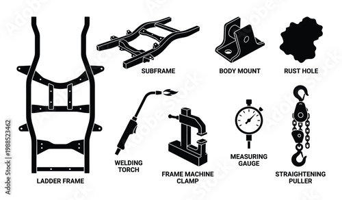 Car frame components and repair tools collection isolated on checkered background