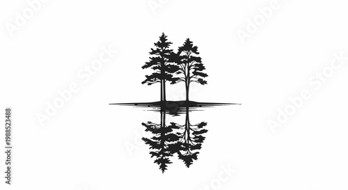 Minimalist silhouette of two pine trees reflected in water