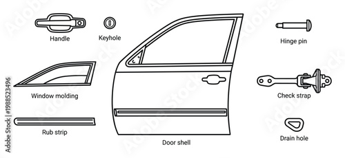 Car door parts outline drawings for automobile repair and assembly illustration