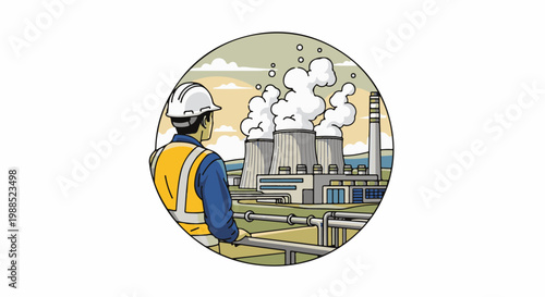 Man in hard hat observes cooling towers at an industrial power plant