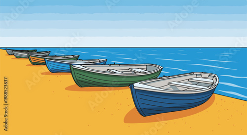 Colorful rowboats line a sunny beach next to calm blue ocean water