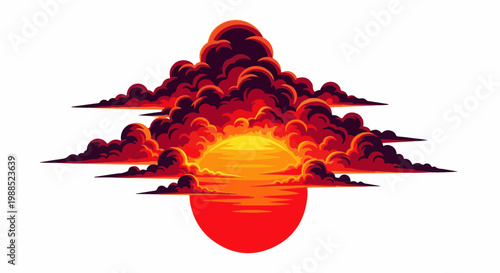 Fiery sunset silhouette with dramatic pixelated clouds and water reflection