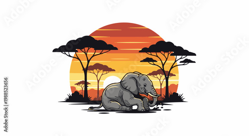 Elephant sitting in African savanna during a colorful sunset