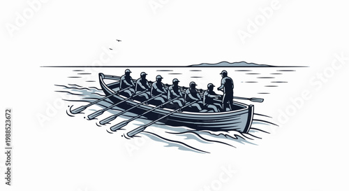 Eight figures in a rowboat rowing on the water