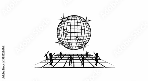 Disco ball illuminates diverse group dancing energetically on a grid