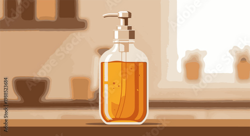 Clear dispenser bottle with pump top filled with orange liquid