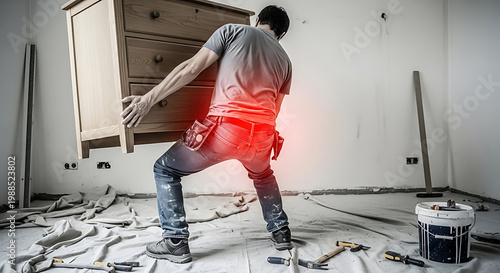 Man with back pain from lifting heavy furniture during home renovation, emphasizing improper technique and injury risk
