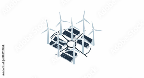 Circular arrangement of solar panels and wind turbines, representing renewable energy