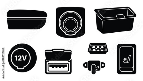 Car interior accessories and electronics icons set black on transparent background