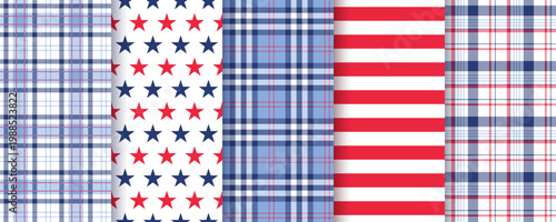 America independence day background. Seamless pattern. 4th July patriotic texture. American flag prints. Set of blue red backdrops with stars, stripes, plaid. Vector illustration. Flannel check fabric