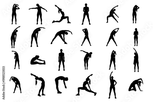 Woman Stretching Silhouette Poses Vector Set Female Warm Up Fitness Exercise Collection