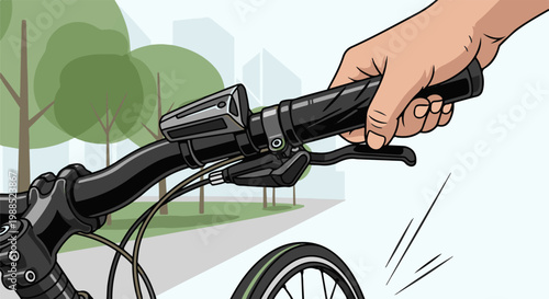 Close-up of a hand gripping a bicycle handlebar on a path near trees