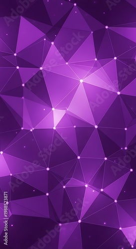 Abstract purple polygonal mesh with glowing dots, shimmering light effects, and particle dust