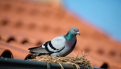 Rock dove bird builds nest on tiled rooftop with dry twigs. Pigeon sits on makeshift home, preparing for offspring, with blue sky backdrop. Wild bird life in urban setting.