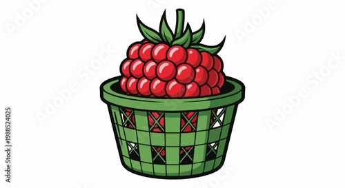 A stylized red raspberry sits in a green woven basket