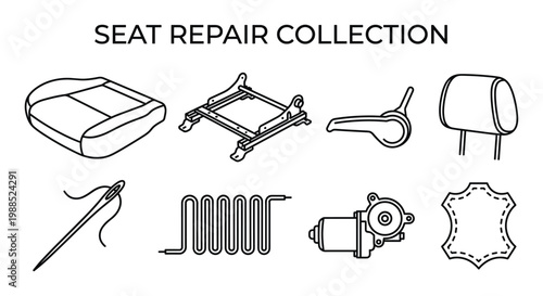 Car seat repair components and tools icons for automotive interior restoration